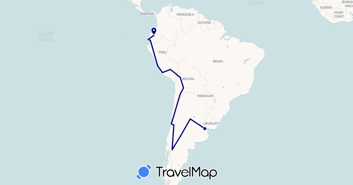 TravelMap itinerary: driving in Argentina, Bolivia, Chile, Ecuador, Peru (South America)